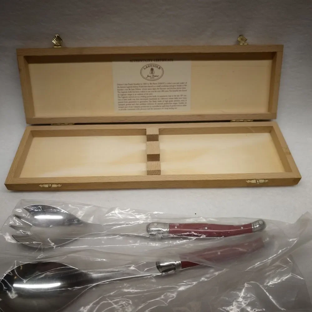 Jean Dubost Laguiole France Salad Servers Red Handle Inox Wood Box COA Serveware